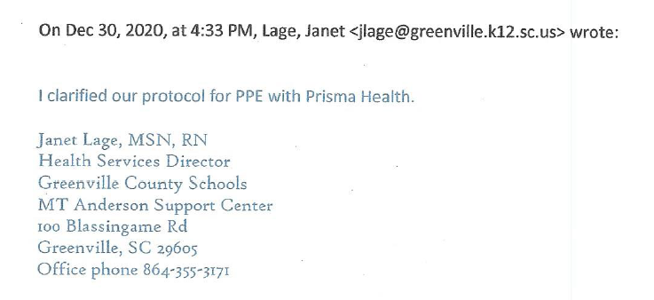 Jan. 9, 2021, Greenville County Schools FOIA response: ninth email (Janet Lage on PPE)